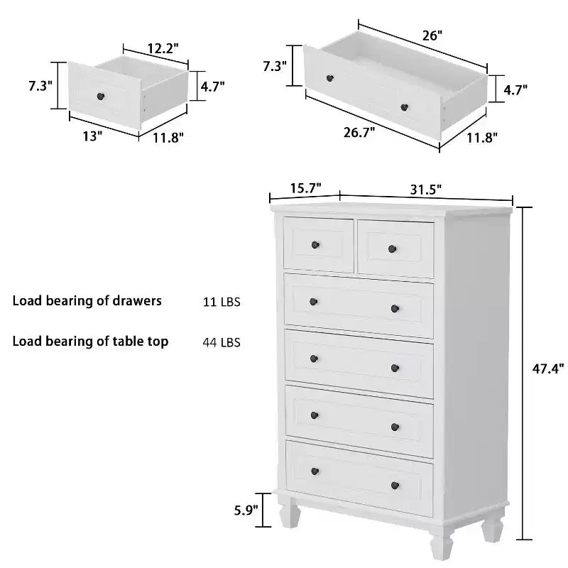 White Classic 6-Drawer Dresser – Sturdy Legs & Metal Handles, Bedroom Storage
