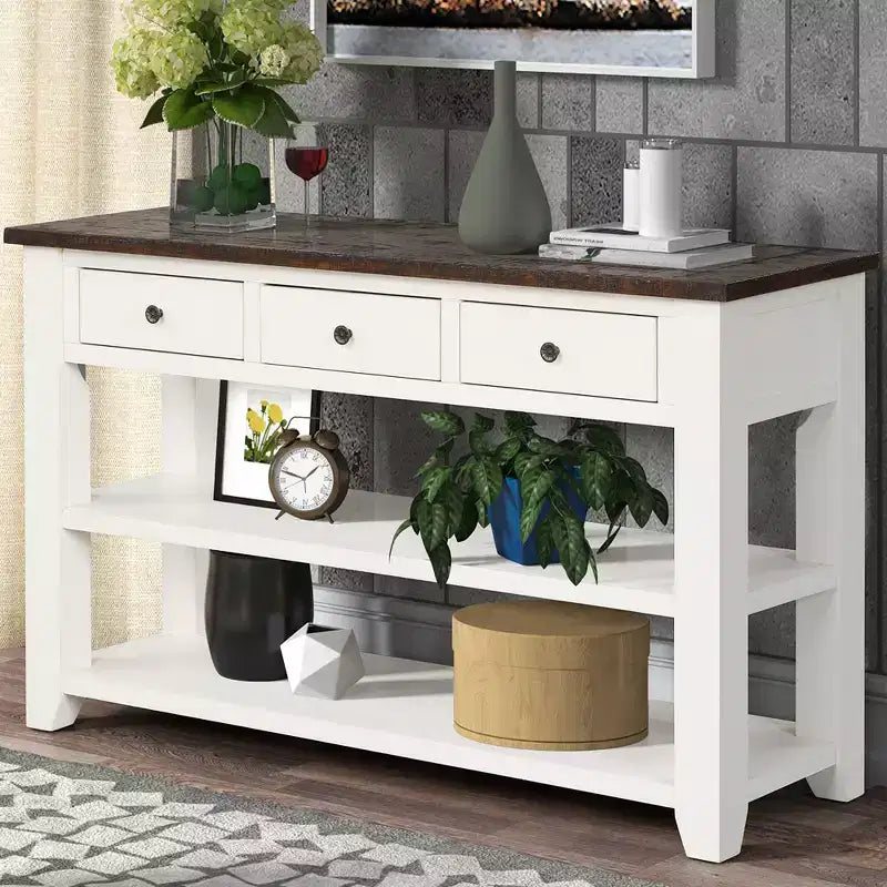 Classic Vintage Console Table – 3 Storage Drawers & 2 Open Shelves, Entryway & Living Room