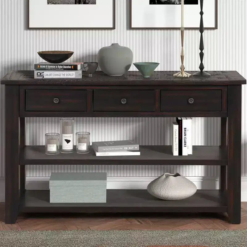 Classic Vintage Console Table – 3 Storage Drawers & 2 Open Shelves, Entryway & Living Room
