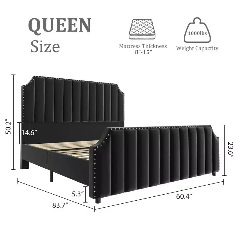King-Size-Bettgestell, Plattformbettgestell mit samtbezogenem 50,2'' Kopfteil, Nietenverzierung, starke Holzlatten, kein Boxspring erforderlich, schwarz
