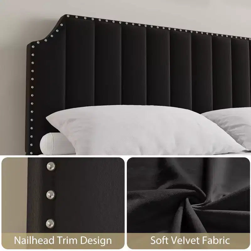 King-Size-Bettgestell, Plattformbettgestell mit samtbezogenem 50,2'' Kopfteil, Nietenverzierung, starke Holzlatten, kein Boxspring erforderlich, schwarz