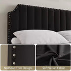 King-Size-Bettgestell, Plattformbettgestell mit samtbezogenem 50,2'' Kopfteil, Nietenverzierung, starke Holzlatten, kein Boxspring erforderlich, schwarz