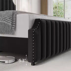 King-Size-Bettgestell, Plattformbettgestell mit samtbezogenem 50,2'' Kopfteil, Nietenverzierung, starke Holzlatten, kein Boxspring erforderlich, schwarz