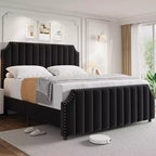 King-Size-Bettgestell, Plattformbettgestell mit samtbezogenem 50,2'' Kopfteil, Nietenverzierung, starke Holzlatten, kein Boxspring erforderlich, schwarz