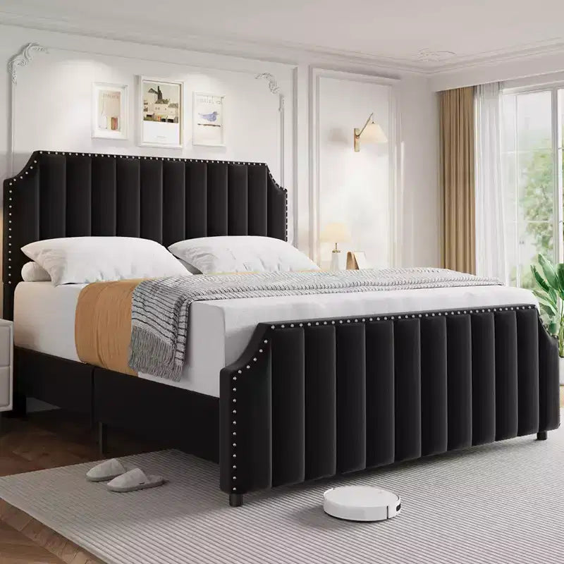 King-Size-Bettgestell, Plattformbettgestell mit samtbezogenem 50,2'' Kopfteil, Nietenverzierung, starke Holzlatten, kein Boxspring erforderlich, schwarz