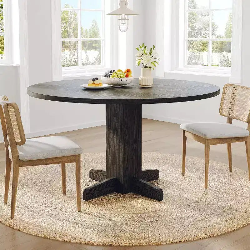 Table à manger ronde noire de 47 pouces pour 4-6 personnes, style ferme, base piédestal robuste, idéale pour salon, appartement, salle à manger