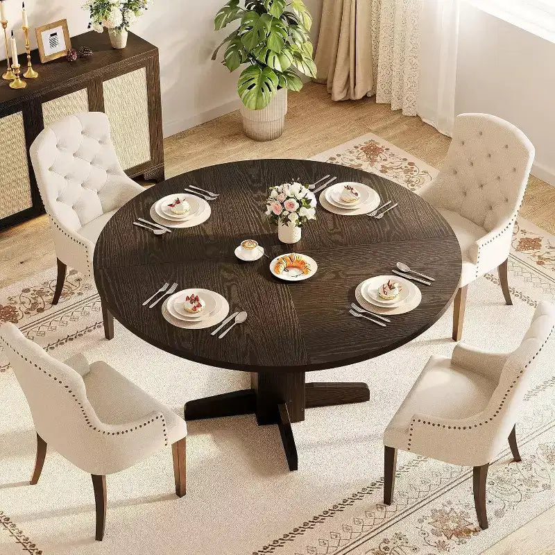 Table à manger ronde noire de 47 pouces pour 4-6 personnes, style ferme, base piédestal robuste, idéale pour salon, appartement, salle à manger