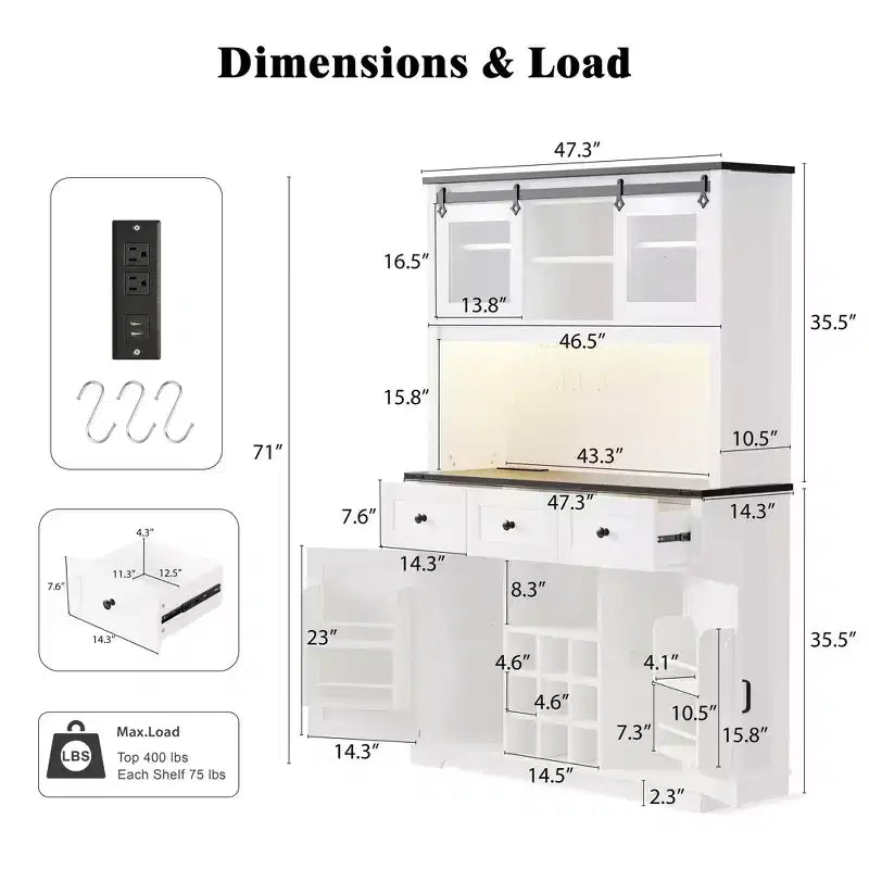 Mobile bar dispensa da 71 pollici stile fattoria con portabottiglie, mobile da cucina rustico con vetrina, porta scorrevole, presa elettrica, pannello a fori, 3 cassetti, bianco