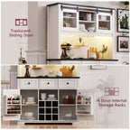 Mobile bar dispensa da 71 pollici stile fattoria con portabottiglie, mobile da cucina rustico con vetrina, porta scorrevole, presa elettrica, pannello a fori, 3 cassetti, bianco