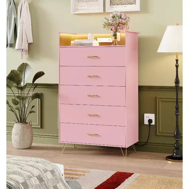 Commode haute à 5 tiroirs – coffre moderne blanc, tiroirs silencieux, rangement de chambre résistant à l'eau