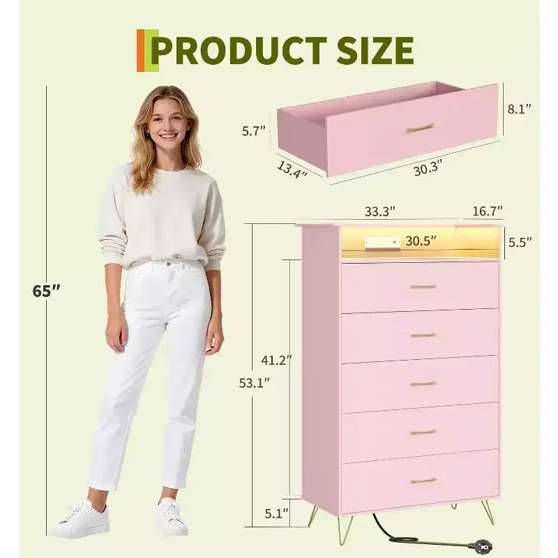 Commode haute à 5 tiroirs – coffre moderne blanc, tiroirs silencieux, rangement de chambre résistant à l'eau