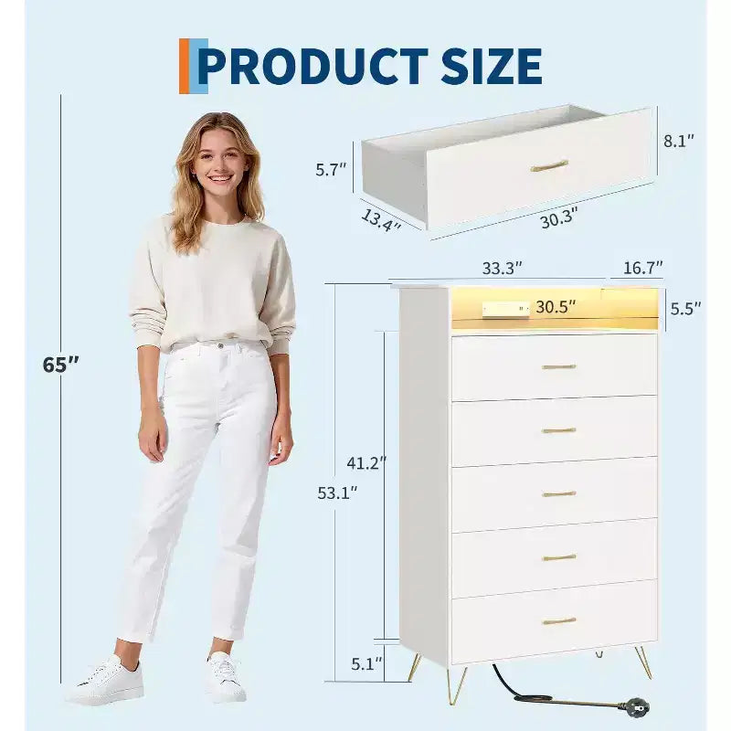 Commode haute à 5 tiroirs – coffre moderne blanc, tiroirs silencieux, rangement de chambre résistant à l'eau