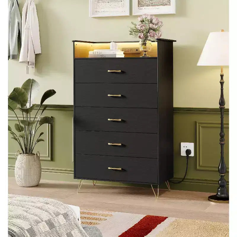 Commode haute à 5 tiroirs – coffre moderne blanc, tiroirs silencieux, rangement de chambre résistant à l'eau