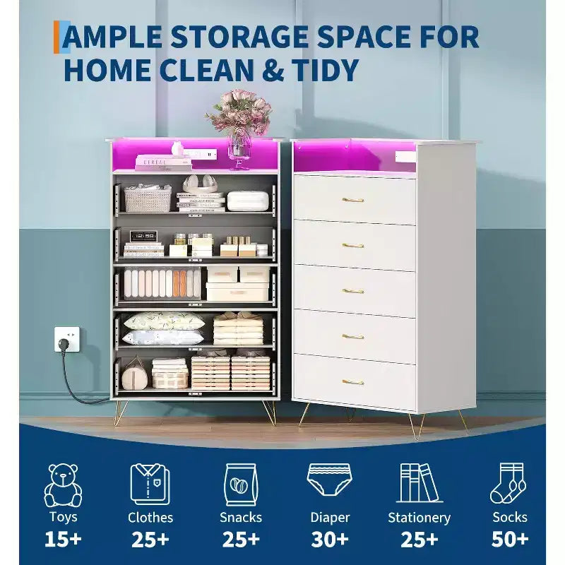 Commode haute à 5 tiroirs – coffre moderne blanc, tiroirs silencieux, rangement de chambre résistant à l'eau