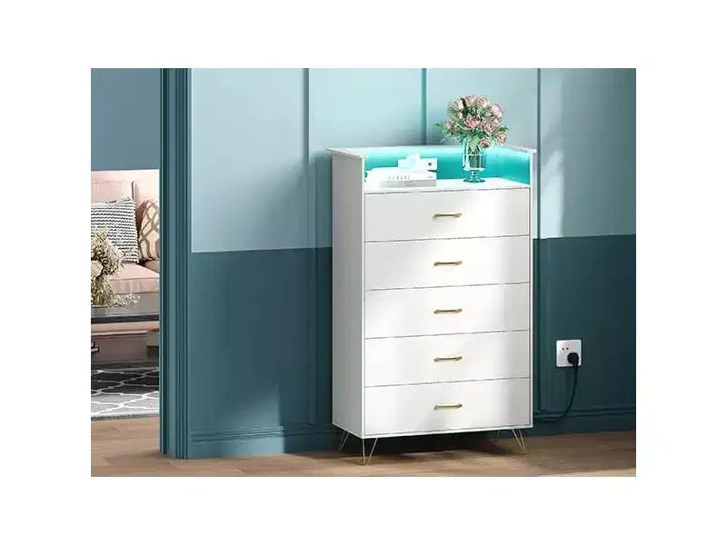 Commode haute à 5 tiroirs – coffre moderne blanc, tiroirs silencieux, rangement de chambre résistant à l'eau