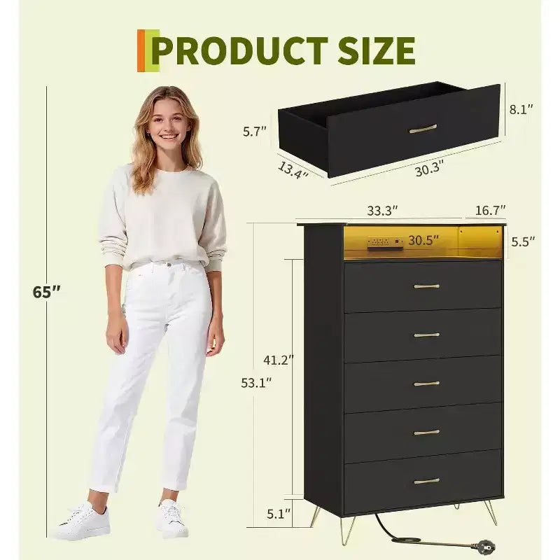 5-Drawer Tall Dresser – Modern White Chest, Silent Drawers, Water-Resistant Bedroom Storage