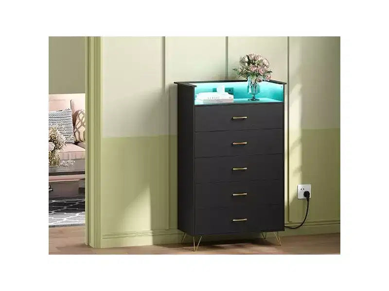 Commode haute à 5 tiroirs – coffre moderne blanc, tiroirs silencieux, rangement de chambre résistant à l'eau