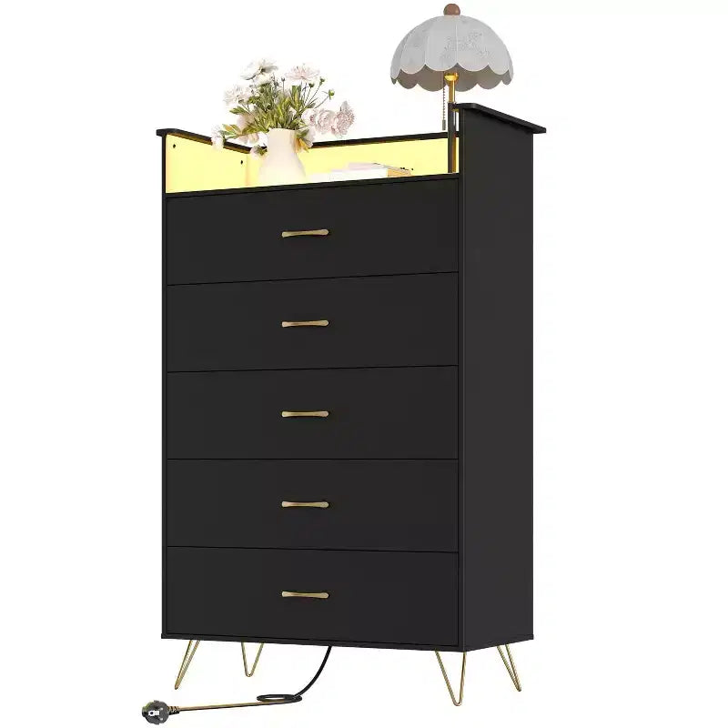 Commode haute à 5 tiroirs – coffre moderne blanc, tiroirs silencieux, rangement de chambre résistant à l'eau