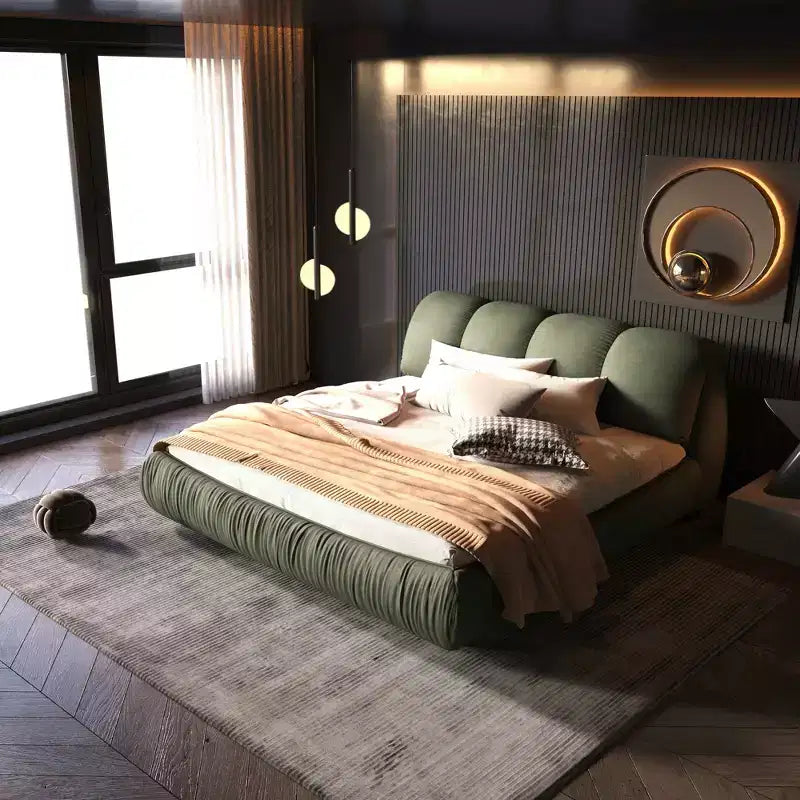 Queen Size Luxury Upholstered Platform Bed – Oversized Padded Headboard, Solid Wood Frame, Green