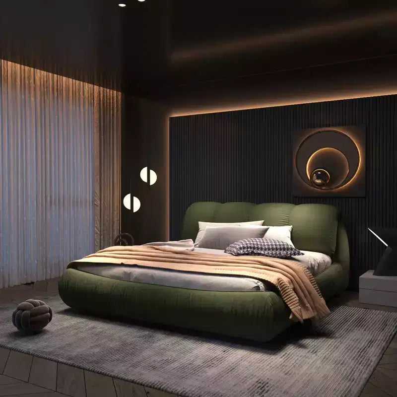 Queen Size Luxury Upholstered Platform Bed – Oversized Padded Headboard, Solid Wood Frame, Green