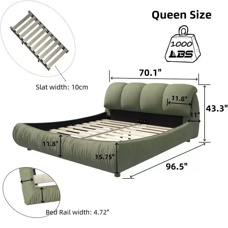 Queen Size Luxury Upholstered Platform Bed – Oversized Padded Headboard, Solid Wood Frame, Green