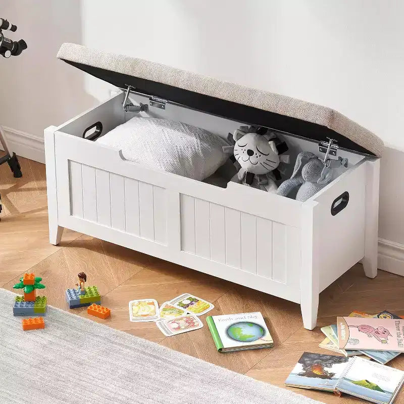 Panche contenitore da 39,4 pollici per ingresso con cuscino, 2 cerniere di sicurezza, baule contenitore, panca porta scarpe per ingresso, soggiorno, camera da letto