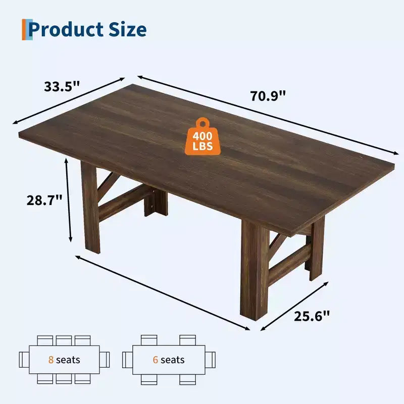 71" rustieke boerderij eettafel – rechthoekige houten keukentafel voor 6-8 personen, zware basis