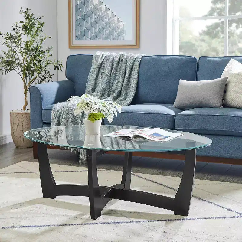 48" Oval Glass-Top Coffee Table – Round Base, Living Room & Office, Black