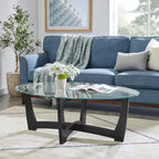 48" Oval Glass-Top Coffee Table – Round Base, Living Room & Office, Black