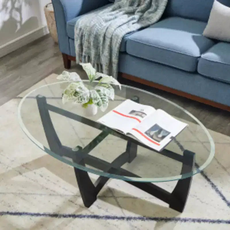 48" Oval Glass-Top Coffee Table – Round Base, Living Room & Office, Black