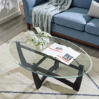 48" Oval Glass-Top Coffee Table – Round Base, Living Room & Office, Black