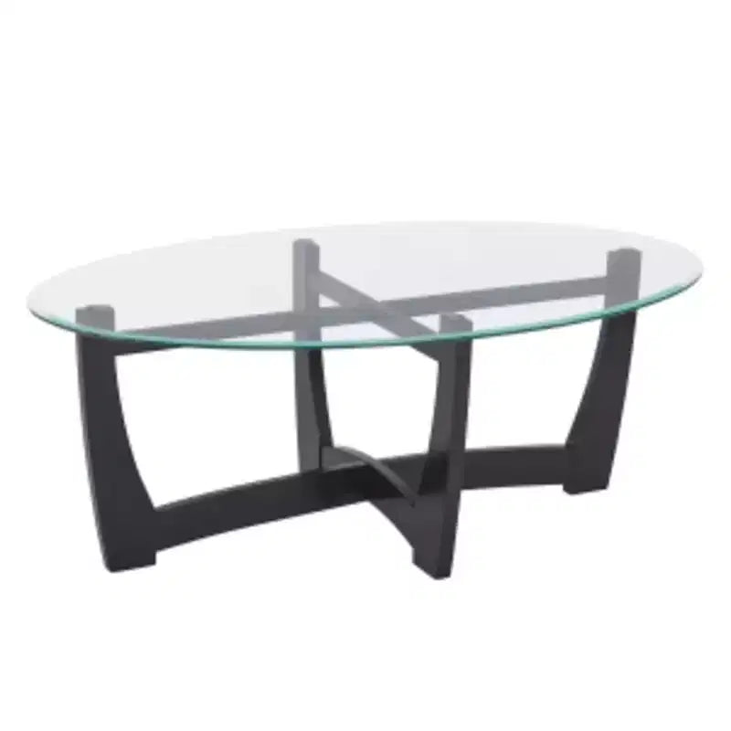 48" Oval Glass-Top Coffee Table – Round Base, Living Room & Office, Black