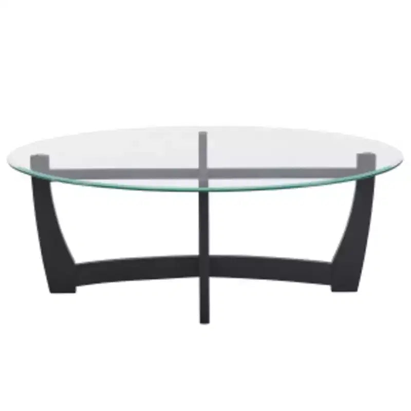 48" Oval Glass-Top Coffee Table – Round Base, Living Room & Office, Black