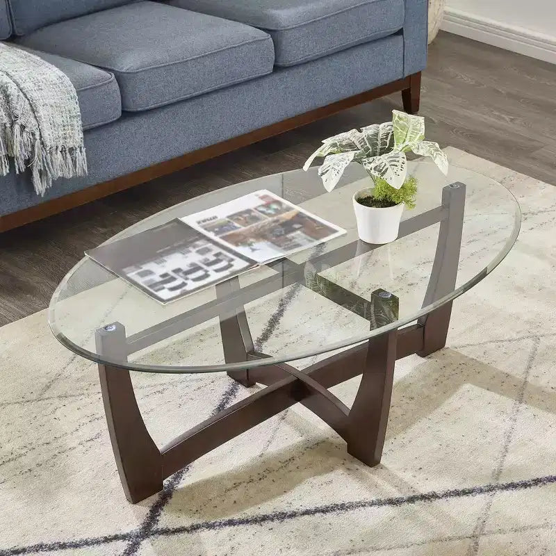 48" Oval Glass-Top Coffee Table – Round Base, Living Room & Office, Cherry