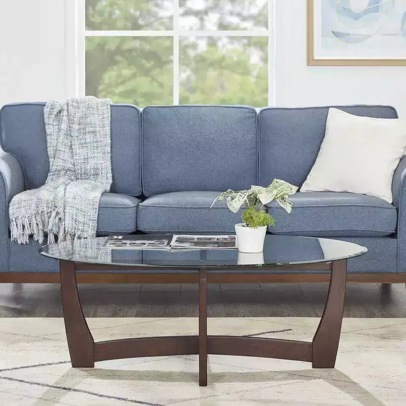 48" Oval Glass-Top Coffee Table – Round Base, Living Room & Office, Cherry