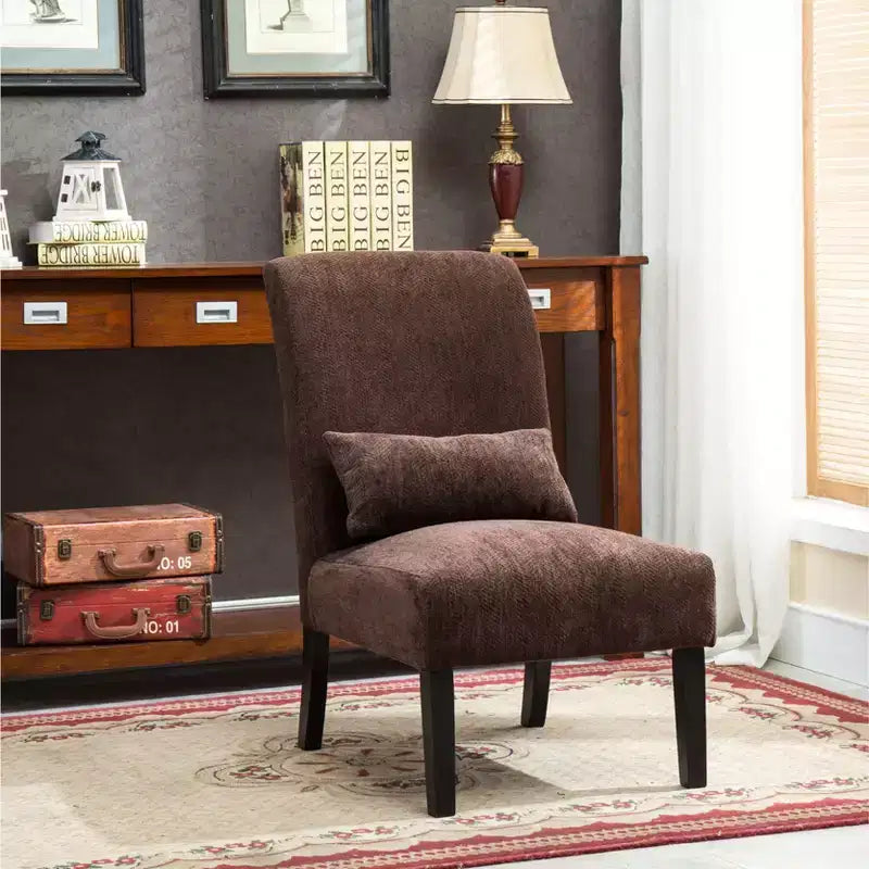 Chenille Armless Accent Chair – Matching Pillow, Solid Wood Legs, Modern Graffiti Design