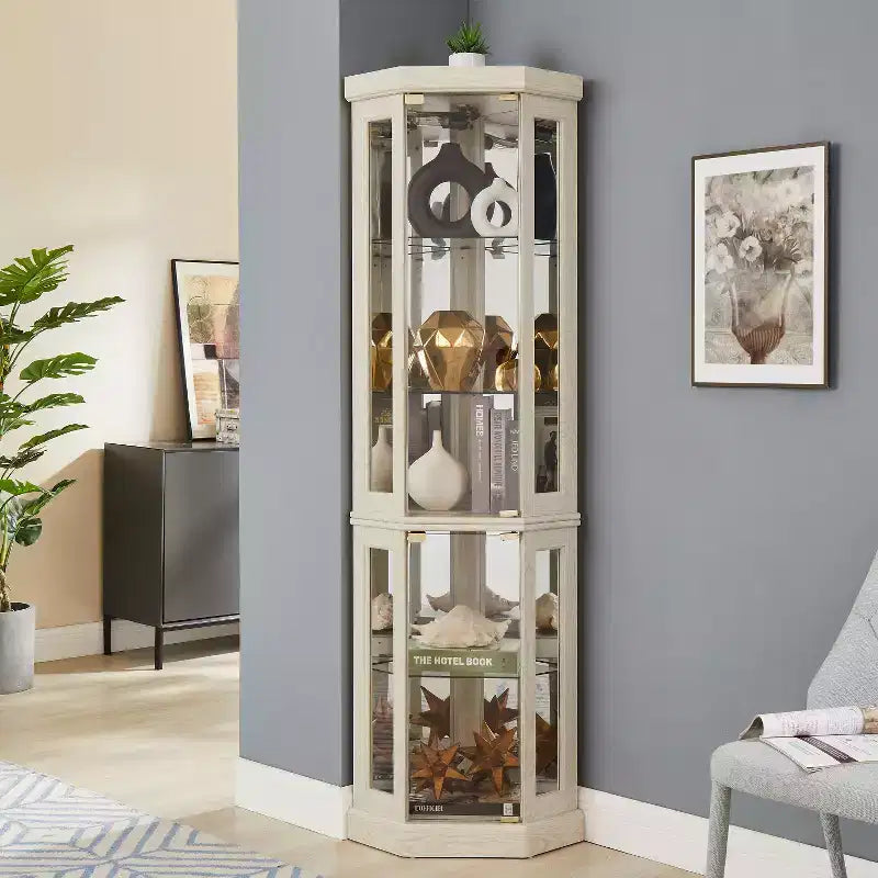 Cabinet with Lighted, Display Cabinet with Glass Doors, Corner China Cabinet with Tempered Adjustable Glass Shelves White