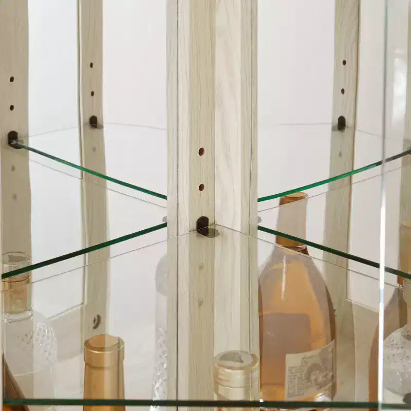 Schrank mit Beleuchtung, Vitrinenschrank mit Glastüren, Eckvitrine mit gehärteten, verstellbaren Glasablagen, Weiß