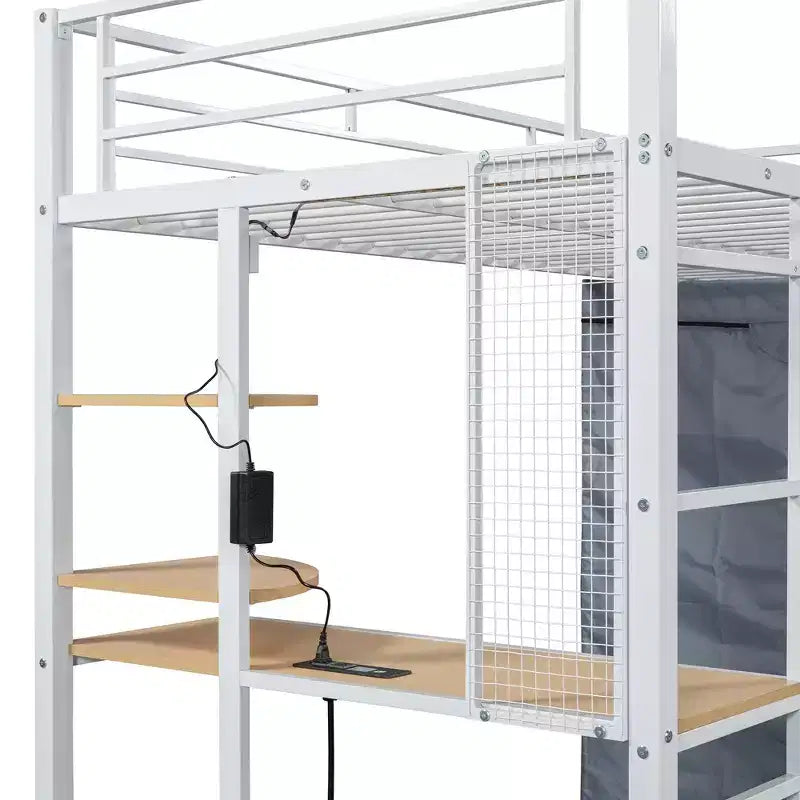 Metal Loft Bed with Desk, Shelves, Wardrobe, Power Outlet & LED Lights