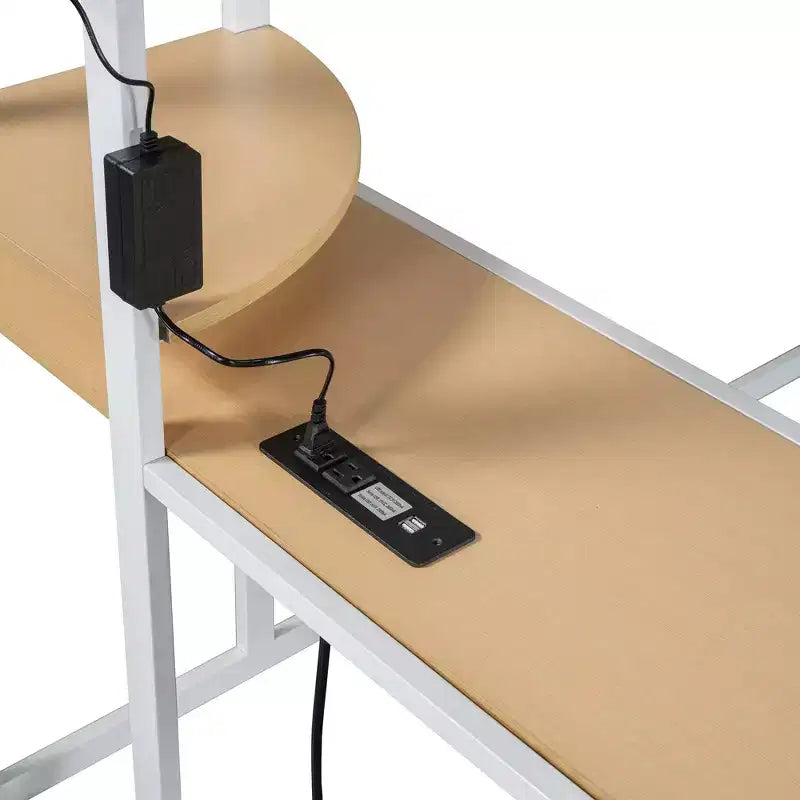 Metal Loft Bed with Desk, Shelves, Wardrobe, Power Outlet & LED Lights