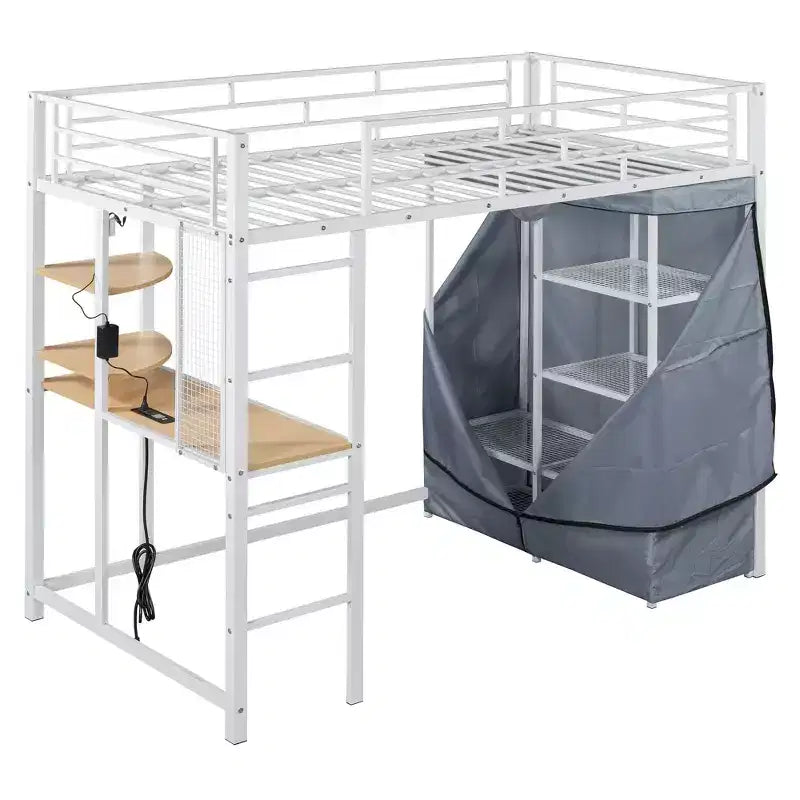 Metal Loft Bed with Desk, Shelves, Wardrobe, Power Outlet & LED Lights