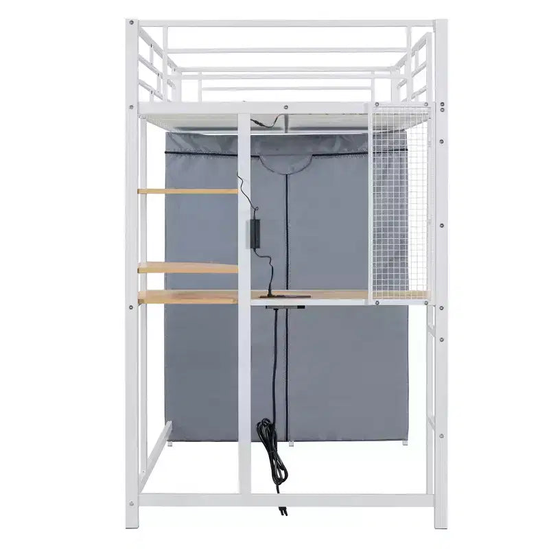 Metal Loft Bed with Desk, Shelves, Wardrobe, Power Outlet & LED Lights