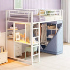 Metal Loft Bed with Desk, Shelves, Wardrobe, Power Outlet & LED Lights