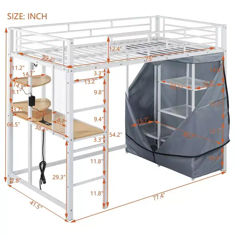 Metal Loft Bed with Desk, Shelves, Wardrobe, Power Outlet & LED Lights