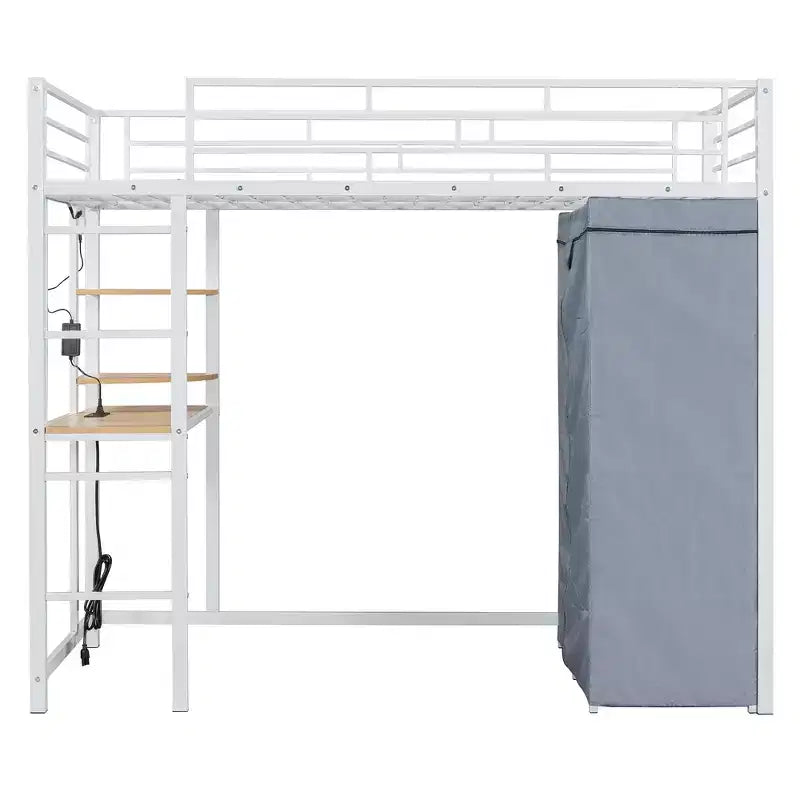Metal Loft Bed with Desk, Shelves, Wardrobe, Power Outlet & LED Lights