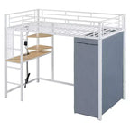 Metal Loft Bed with Desk, Shelves, Wardrobe, Power Outlet & LED Lights
