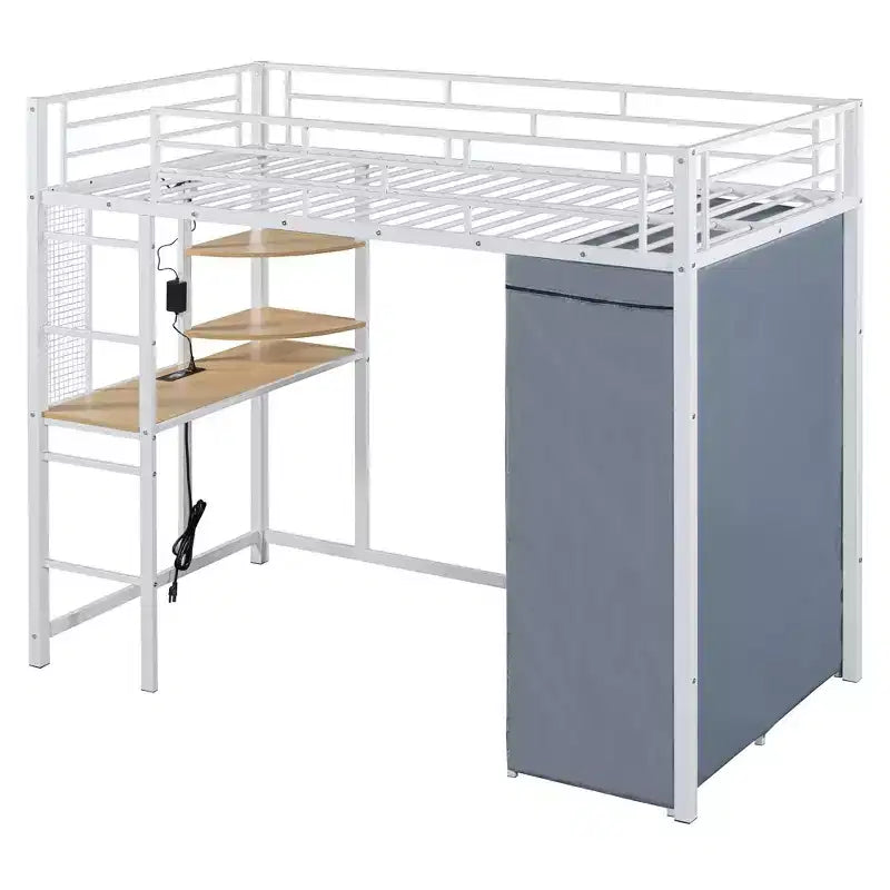 Metal Loft Bed with Desk, Shelves, Wardrobe, Power Outlet & LED Lights