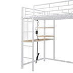 Metal Loft Bed with Desk, Shelves, Wardrobe, Power Outlet & LED Lights