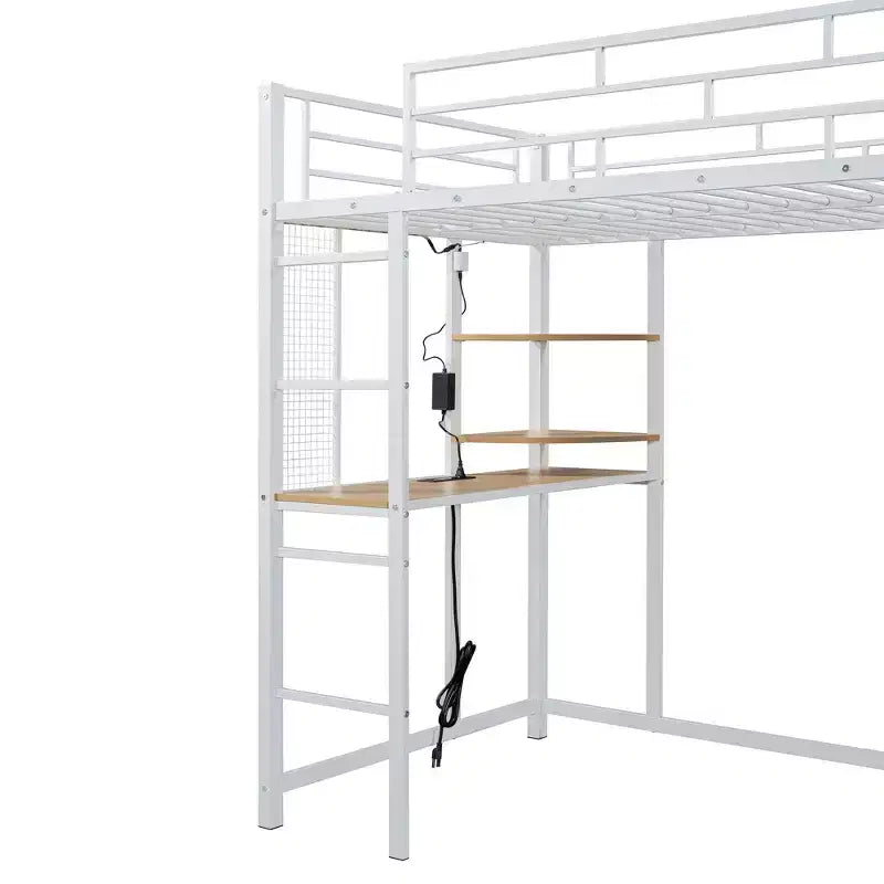 Metal Loft Bed with Desk, Shelves, Wardrobe, Power Outlet & LED Lights