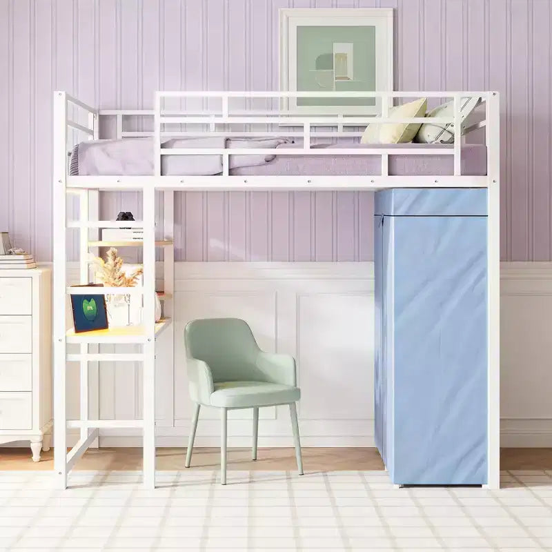 Metall-Hochbett mit Schreibtisch, Regalen, Kleiderschrank, Steckdose & LED-Leuchten